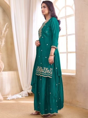 Wedding Wear Teal Premium Chinon Palazzo Suit Set