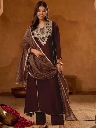 Wedding Wear  Viscose Silk Coffee Colour Kurti 3 Pcs Set