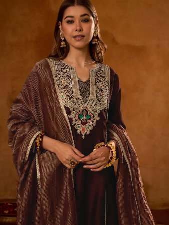 Wedding Wear  Viscose Silk Coffee Colour Kurti 3 Pcs Set