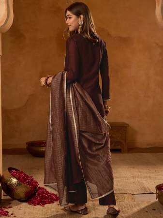 Wedding Wear  Viscose Silk Coffee Colour Kurti 3 Pcs Set