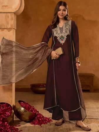 Wedding Wear  Viscose Silk Coffee Colour Kurti 3 Pcs Set