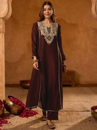 Wedding Wear  Viscose Silk Coffee Colour Kurti 3 Pcs Set