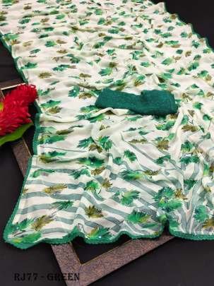 Weightless Georgette Printed Mirror Work Green  Saree