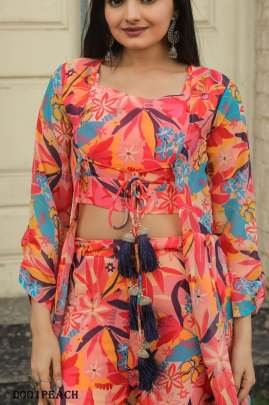 Western Style Printed Georgette Palazzo Shrug With Blouse Indowestern