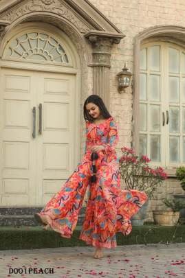 Western Style Printed Georgette Palazzo Shrug With Blouse Indowestern