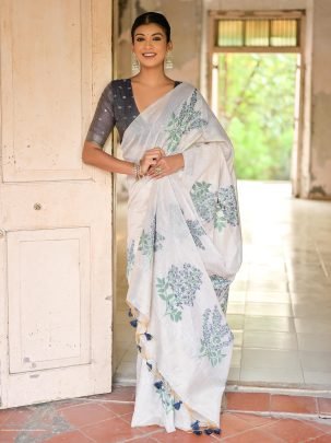 White and Blue Premium soft muga Cotton saree with unique floral weaving pattern