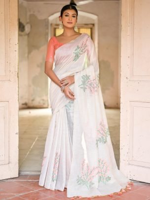 White and Orange Premium soft muga Cotton saree with unique floral weaving pattern