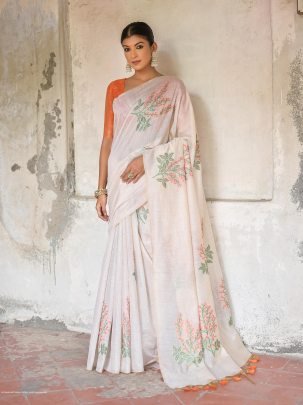 White and Orange Premium soft muga Cotton saree with unique floral weaving pattern