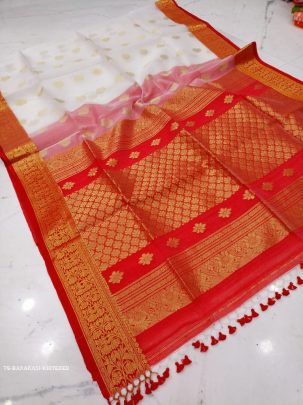 White And Red Wedding Pure Muslin Banarasi Saree