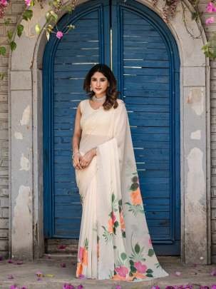White Blossom Grace Floral Printed Designer Saree