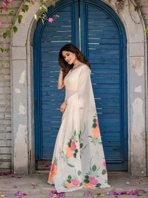 White Blossom Grace Floral Printed Designer Saree
