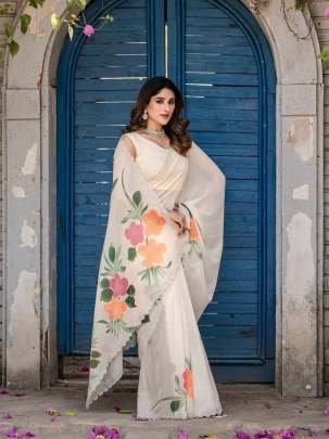 White Blossom Grace Floral Printed Designer Saree