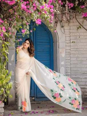 White Blossom Grace Floral Printed Designer Saree