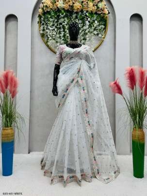 White Bollywood Style Thread And Sequence Work Organza Silk Saree