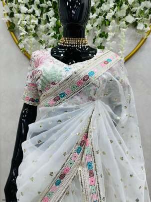 White Bollywood Style Thread And Sequence Work Organza Silk Saree