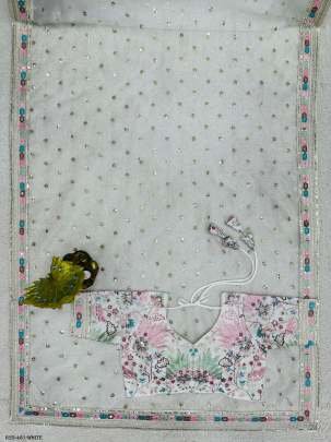 White Bollywood Style Thread And Sequence Work Organza Silk Saree