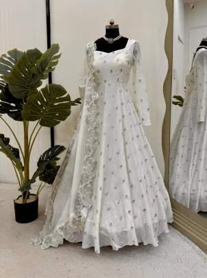 White Chinon Sequence Work Paded Anarkali Suit