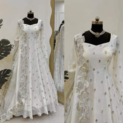 White Chinon Sequence Work Paded Anarkali Suit