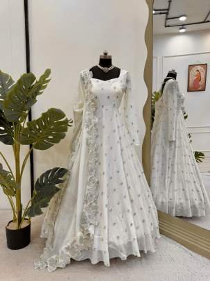 White Chinon Sequence Work Paded Anarkali Suit