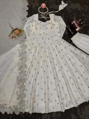 White Chinon Sequence Work Paded Anarkali Suit