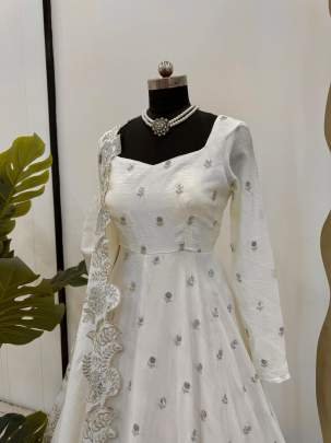White Chinon Sequence Work Paded Anarkali Suit