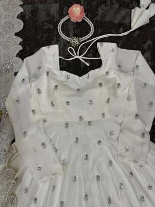 White Chinon Sequence Work Paded Anarkali Suit