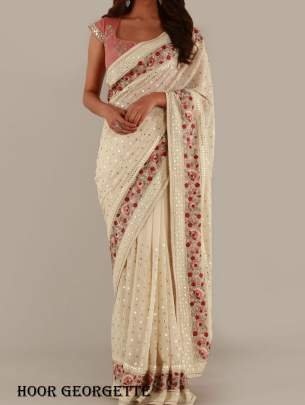 White Classic Contrast Border Hoor Georgette Saree