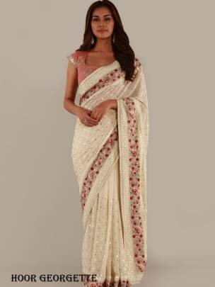 White Classic Contrast Border Hoor Georgette Saree