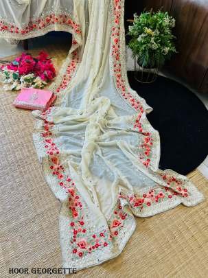 White Classic Contrast Border Hoor Georgette Saree