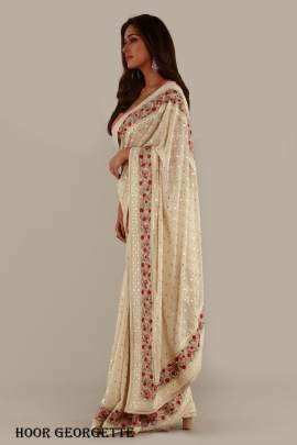 White Classic Contrast Border Hoor Georgette Saree
