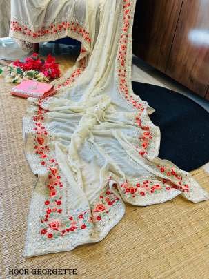 White Classic Contrast Border Hoor Georgette Saree