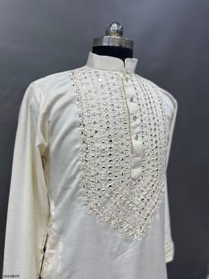 White Color Classic real mirror work mens kurta by fab funda