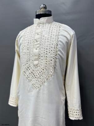 White Color Classic real mirror work mens kurta by fab funda