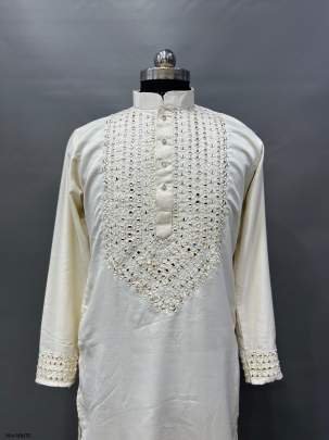 White Color Classic real mirror work mens kurta by fab funda