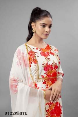 White Color Floral Printed Fancy Kurti Pant With Dupatta