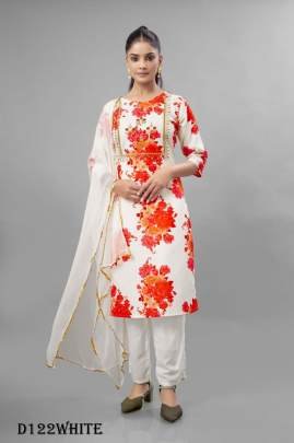White Color Floral Printed Fancy Kurti Pant With Dupatta