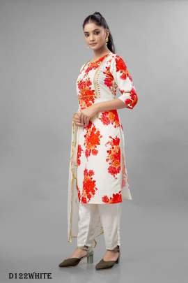 White Color Floral Printed Fancy Kurti Pant With Dupatta