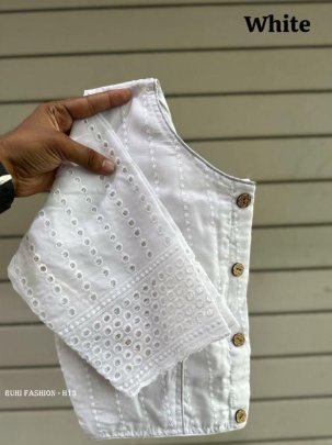 White Color Jaipuri Goli Hakoba Boat Neck Ready made Blouse with Wooden Button