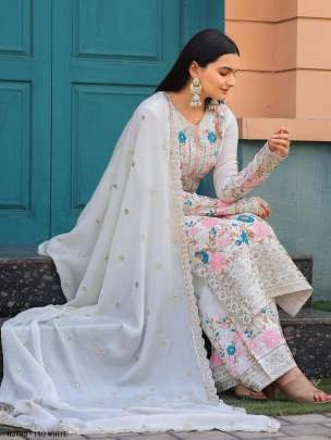 White Colour Heavy Chinon Silk Kurti Palazzo With Dupatta set