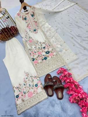White Colour Heavy Chinon Silk Kurti Palazzo With Dupatta set