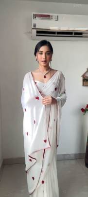 White Red Heart Shape Ready to Wear Georgette Saree