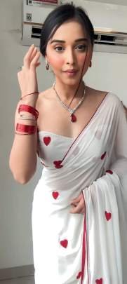 White Red Heart Shape Ready to Wear Georgette Saree