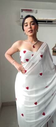 White Red Heart Shape Ready to Wear Georgette Saree