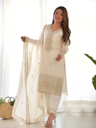 White Crunchy Silk  With Siroski Work Salwar Suit 