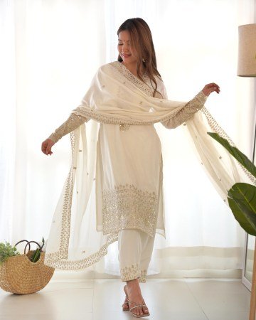 White Crunchy Silk  With Siroski Work Salwar Suit