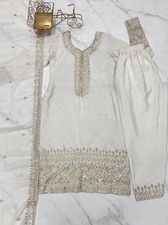 White Crunchy Silk  With Siroski Work Salwar Suit