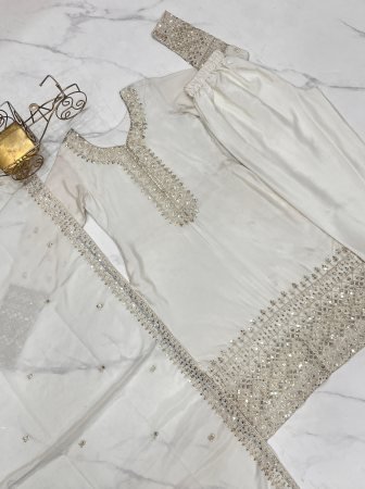 White Crunchy Silk  With Siroski Work Salwar Suit