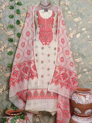 White Designer Dhakai Jamdani Dress Material