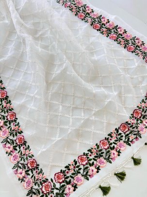 White Designer Pure Organza Flower Embroidery Work Saree With Latkan
