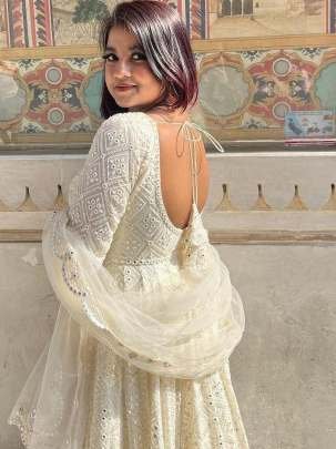 White Embroidered Georgette Fully Stitched Gown With Dupatta
